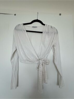 Zara Light Cream Wrap Front Long-Sleeve Top